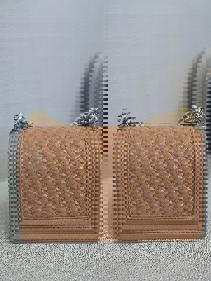 Chanel 21K 2021 Fall/Winter Collection Caramel Brown Caviar shiny champagne GHW Small Le Boy Flap Bag