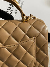 Load image into Gallery viewer, Chanel 22B 2022 Fall/Winter collection Dark Beige Lambskin Top Handle with gold metal plate and antique GHW Mini Rectangular Flap bag
