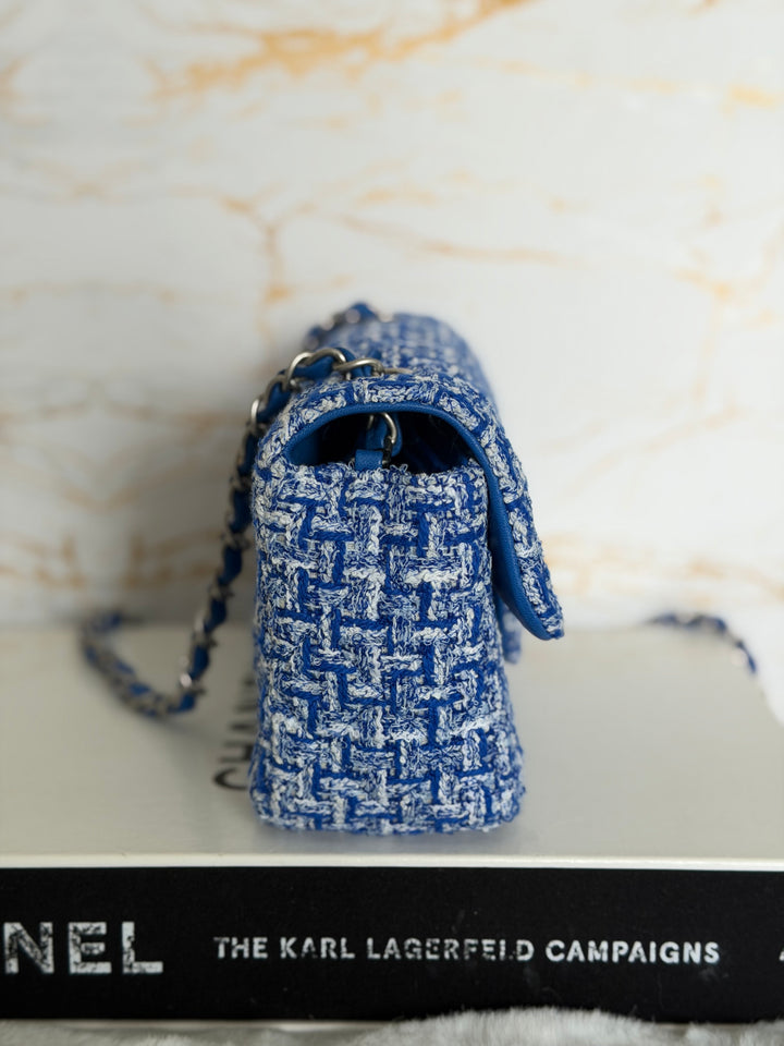CHANEL 23P Cobalt Blue Muti Coloured Tweed Brushed SHW Mini rectangular flap bag 2023