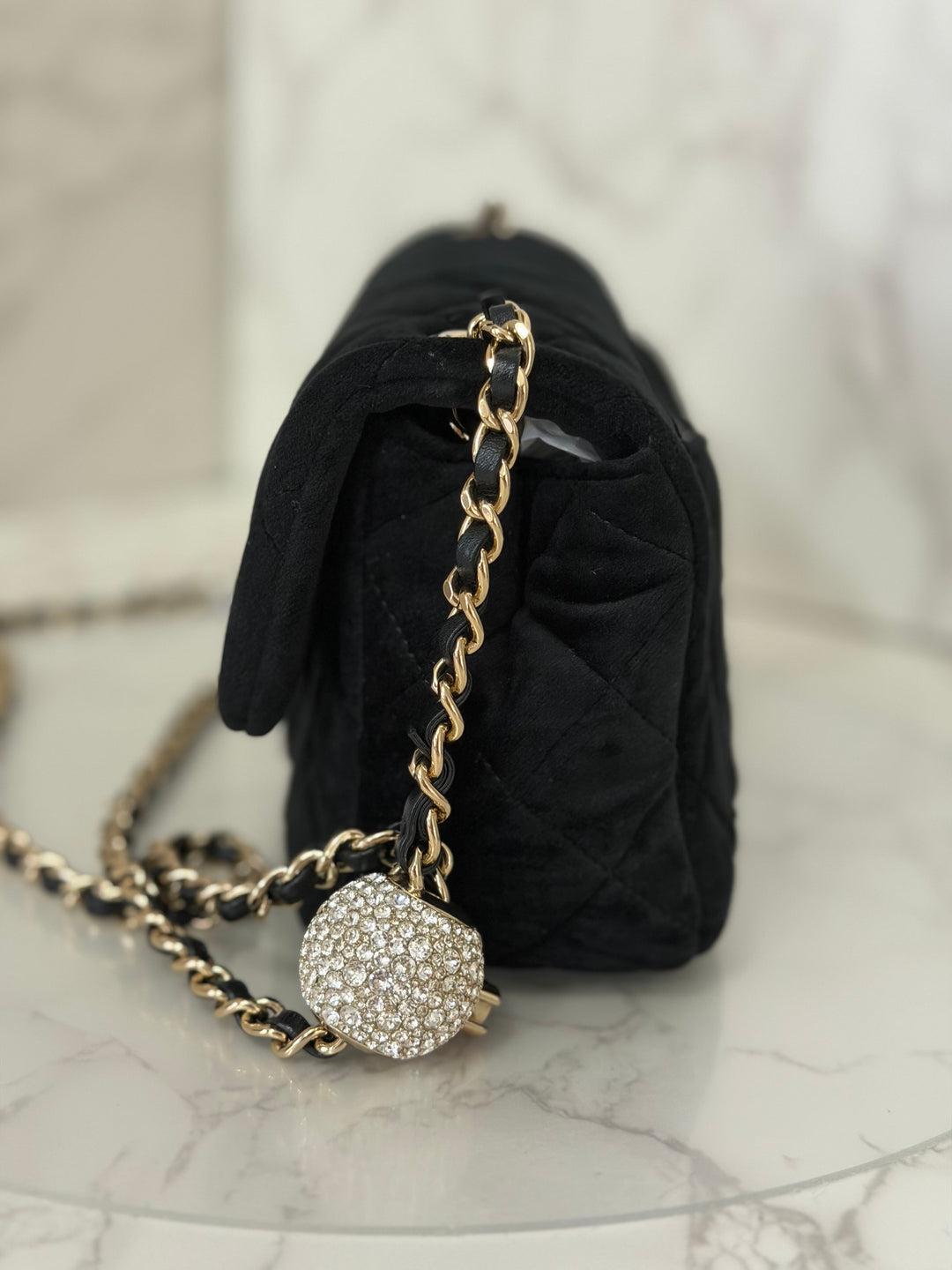 CHANEL series 30 20K collection 2020 Black Velvet Crystal Pearl Crush Adjustable Strap LGHW Mini Rectangular Flap Bag