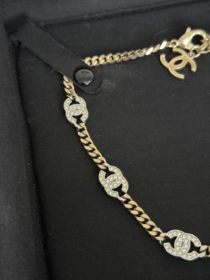 CHANEL Crystal CC Choker Necklace in Silver and Light Gold Hardware