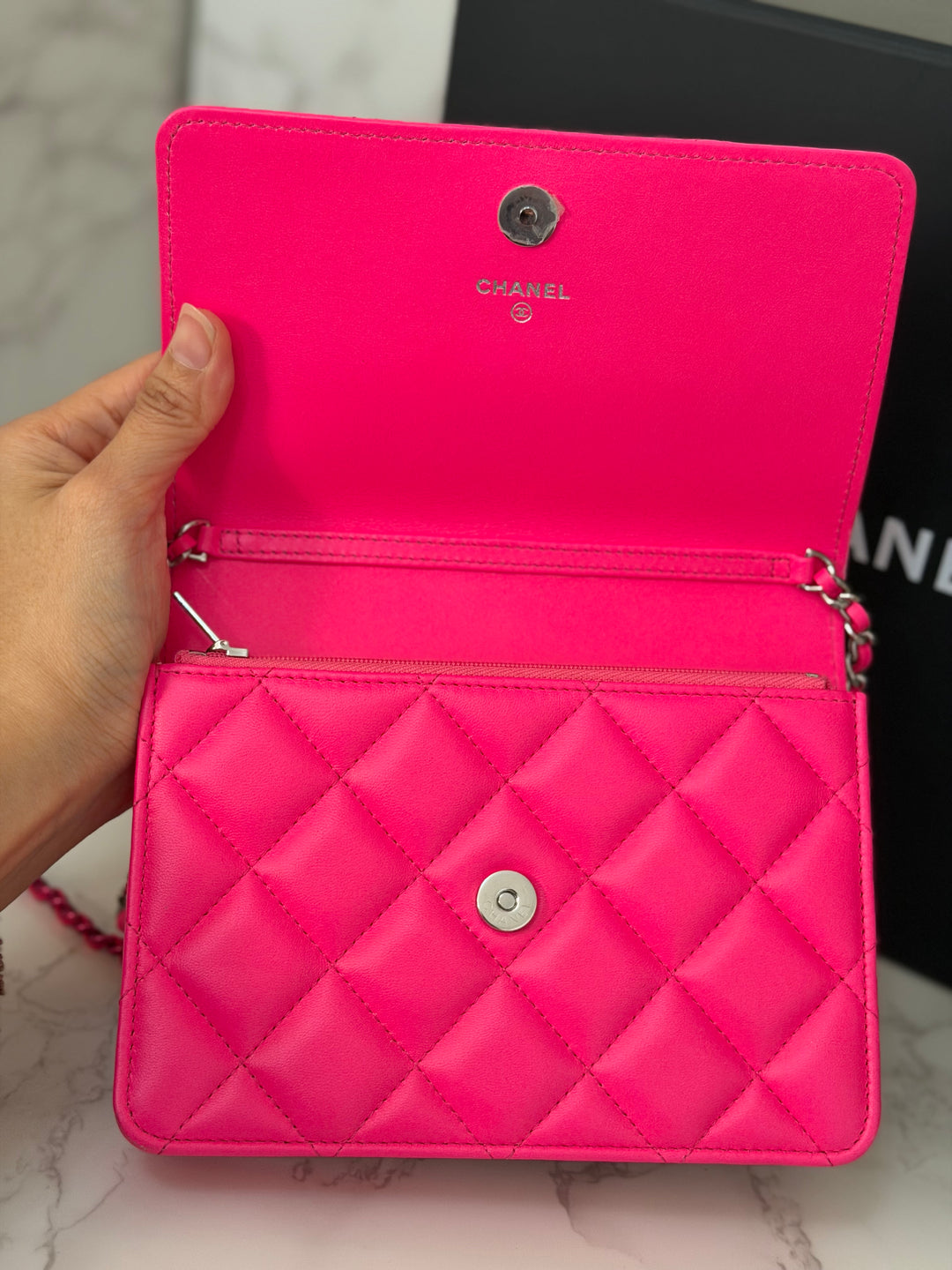 CHANEL 24C 2023/2024 Bright Hot Pink Ombré Hardware Square Wallet on Chain (WOC)