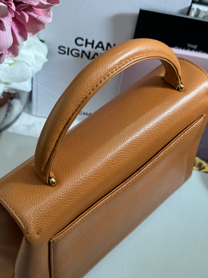 Chanel series 5 circa 1999 Kelly Top Handle Flap 24K GHW in Orange Caviar A12391