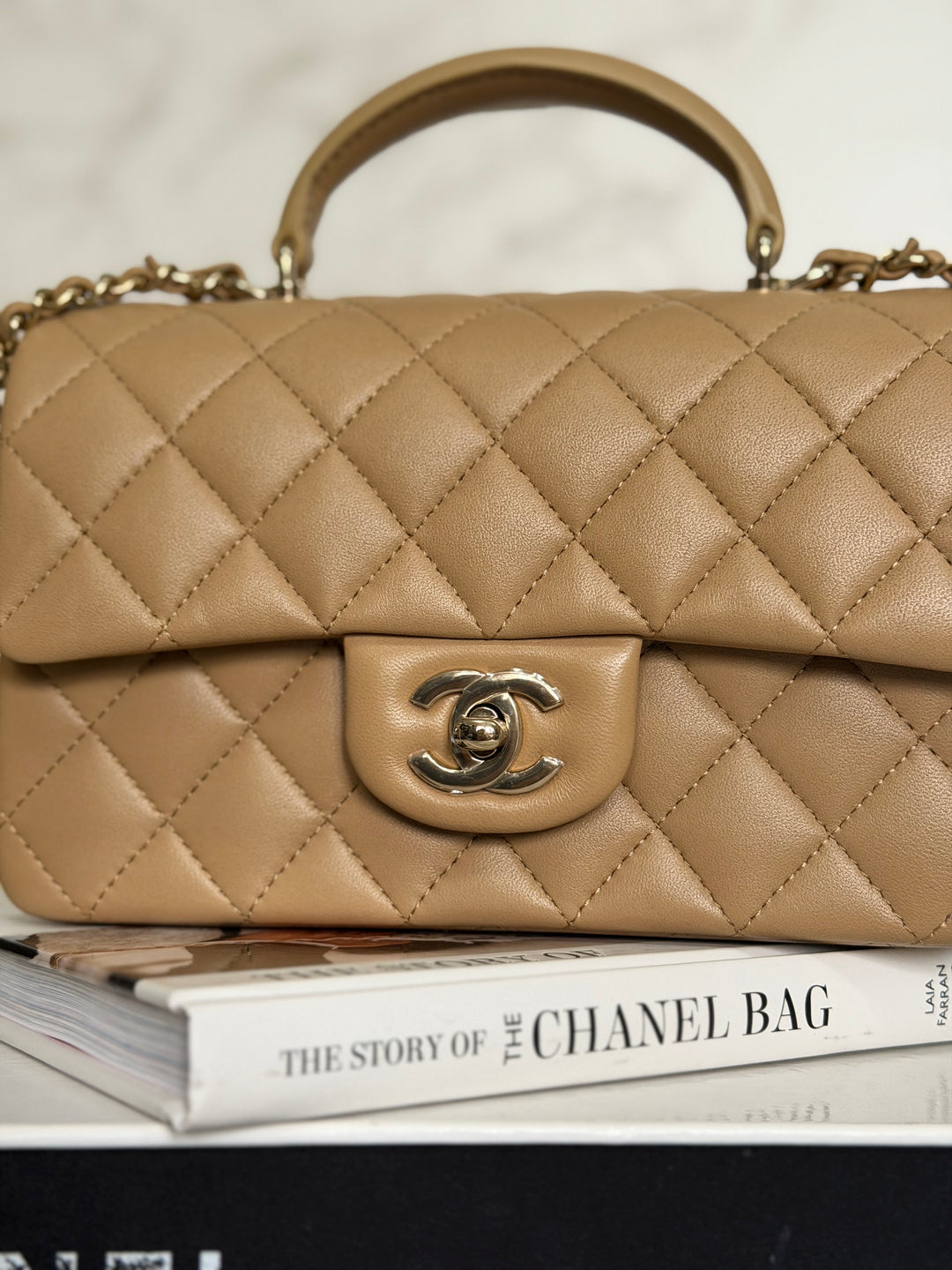 CHANEL Dark Beige Lambskin LGHW Mini Rectangular Flap Bag with Top Handle 2023