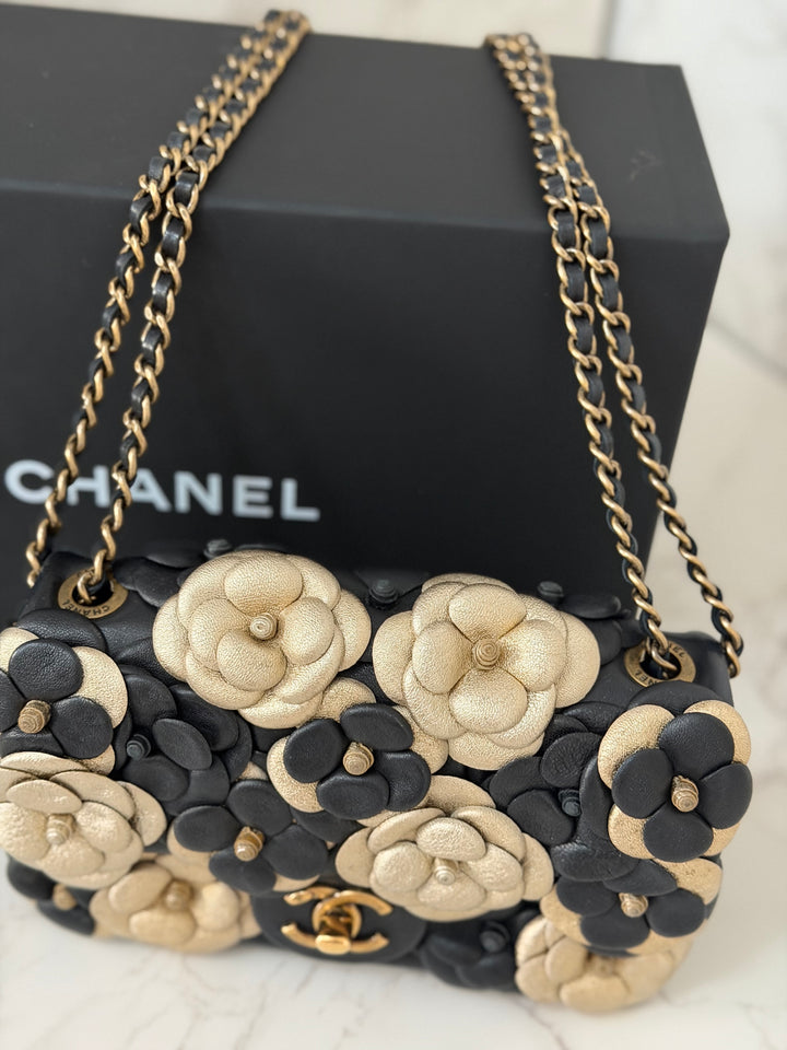 CHANEL series 21 Black Metallic Gold Camellia Flower Lambskin Mini Rectangular Flap Bag with Vintage GHW