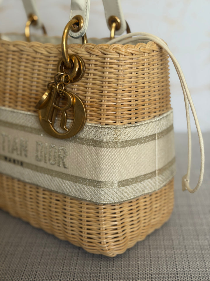 DIOR Lady Dior White/Gold Wicker Bag size SMALL with Guitar Strap