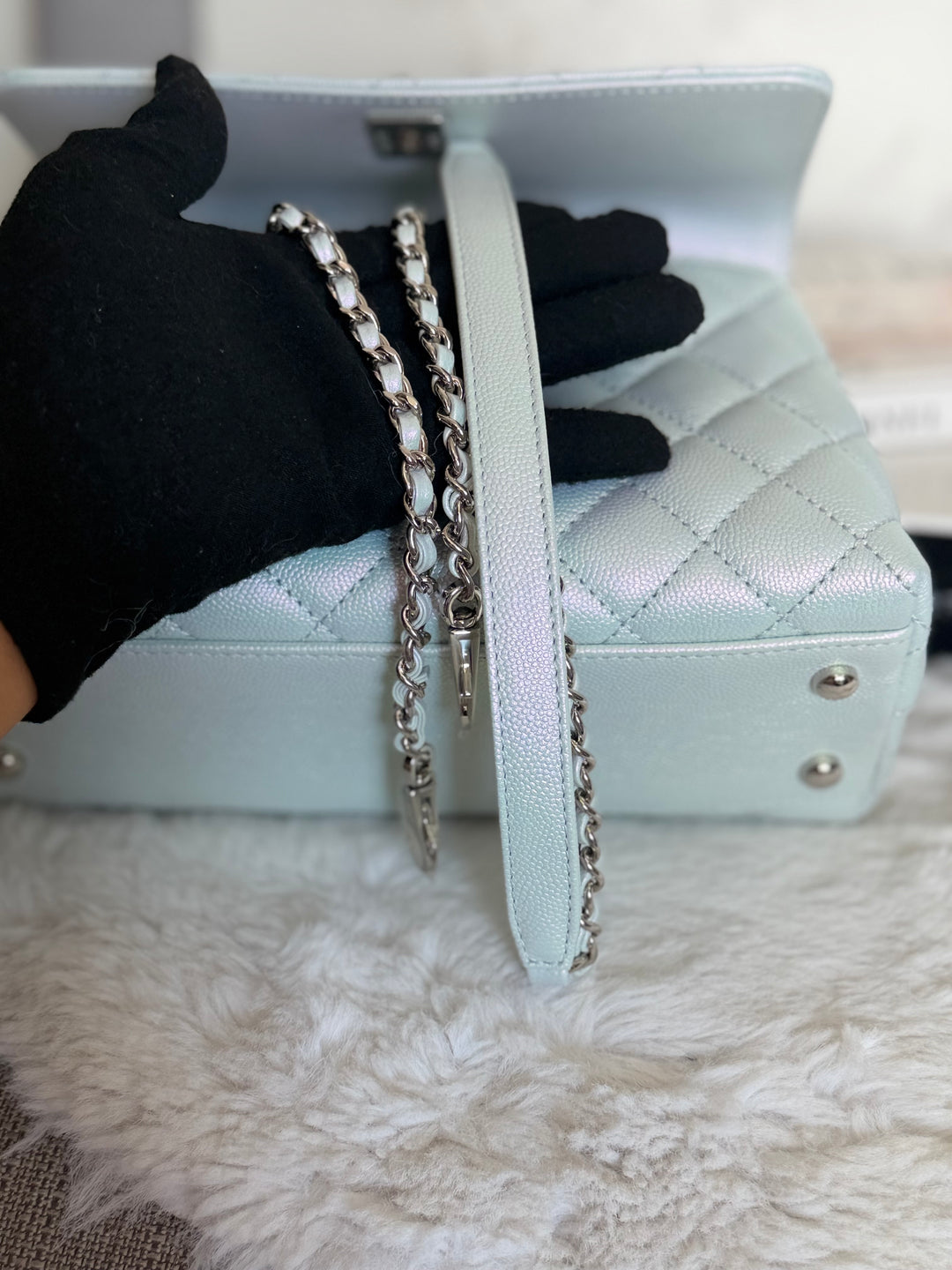 CHANEL 21K iridescent Light Blue Caviar Rainbow and shiny SHW Coco Handle Flap Bag size Small 2021