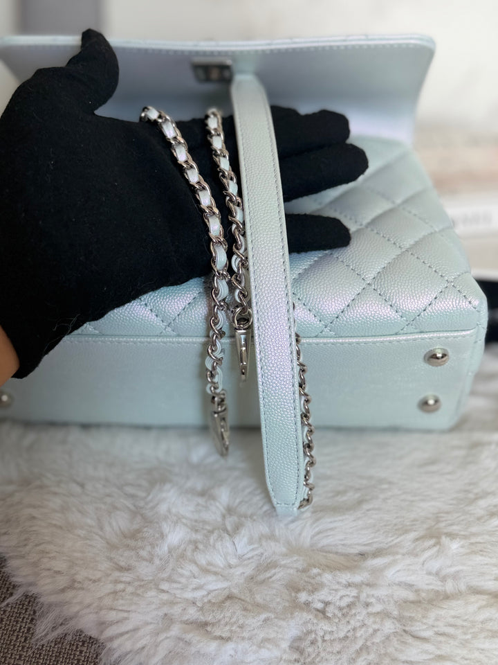 CHANEL 21K iridescent Light Blue Caviar Rainbow and shiny SHW Coco Handle Flap Bag size Small 2021