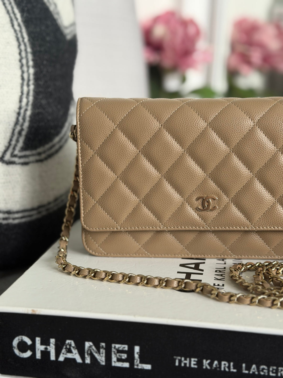 CHANEL 22A Dark Beige Caviar LGHW Classic Wallet on chain (WOC) 2023