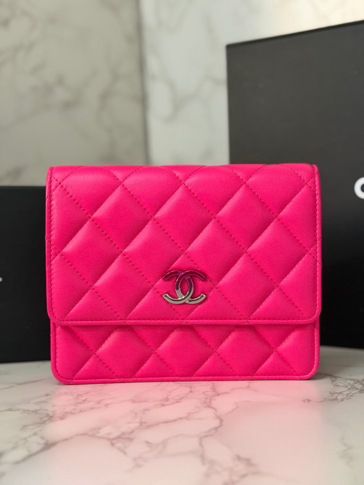 CHANEL 24C 2023/2024 Bright Hot Pink Ombré Hardware Square Wallet on Chain (WOC)