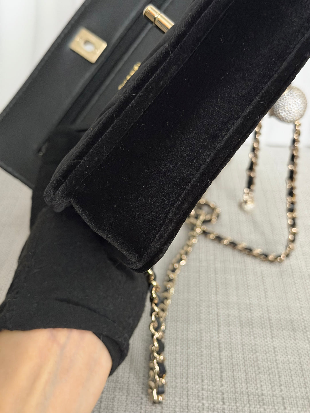 CHANEL 2025 Black Velvet Crystal Pearl Crush Adjustable Strap Wallet on Chain (WOC)