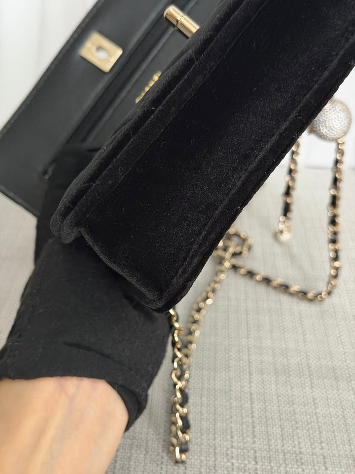 CHANEL 2025 Black Velvet Crystal Pearl Crush Adjustable Strap Wallet on Chain (WOC)