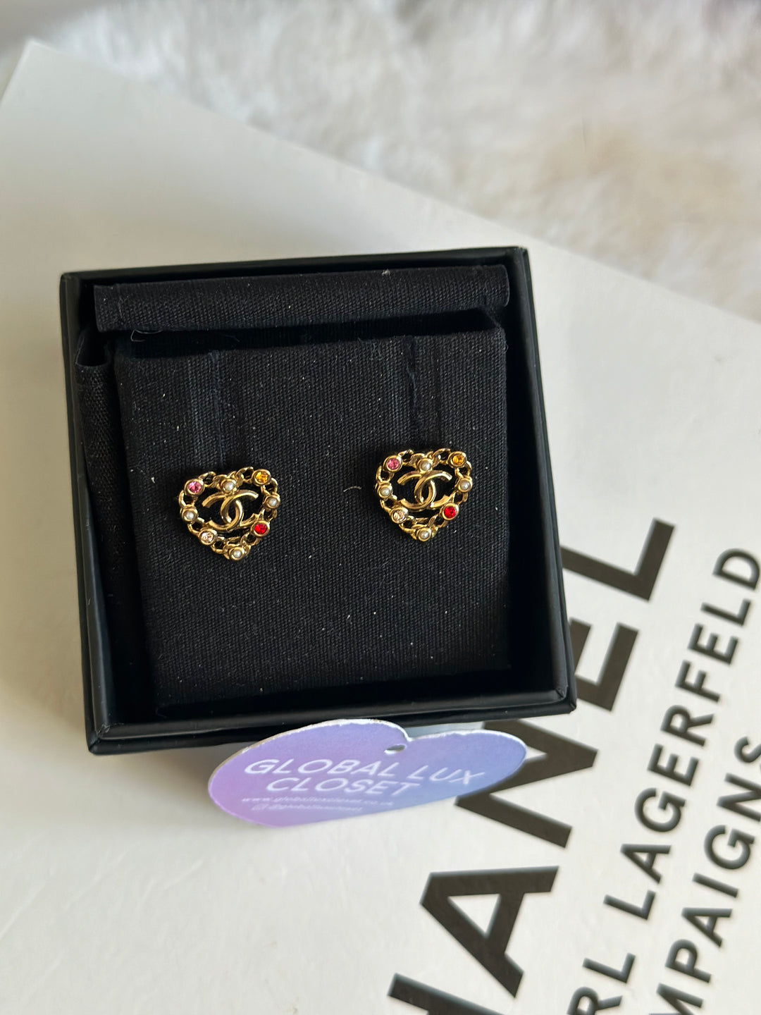 Chanel 21A Heart Multi coloured gems Gold tone earrings