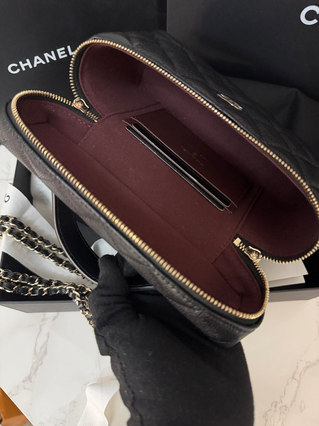 CHANEL Black Caviar LGHW Long Vanity with top handle and detachable chain