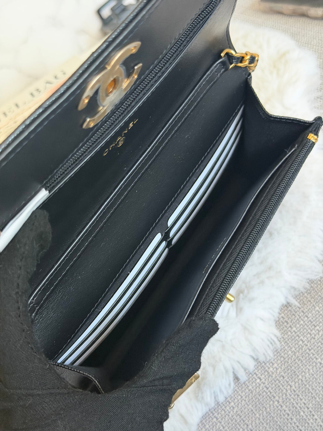 CHANEL Camellia Turnlock Black Lambskin Brushed GHW Classic Wallet on Chain (WOC) microchip 2023