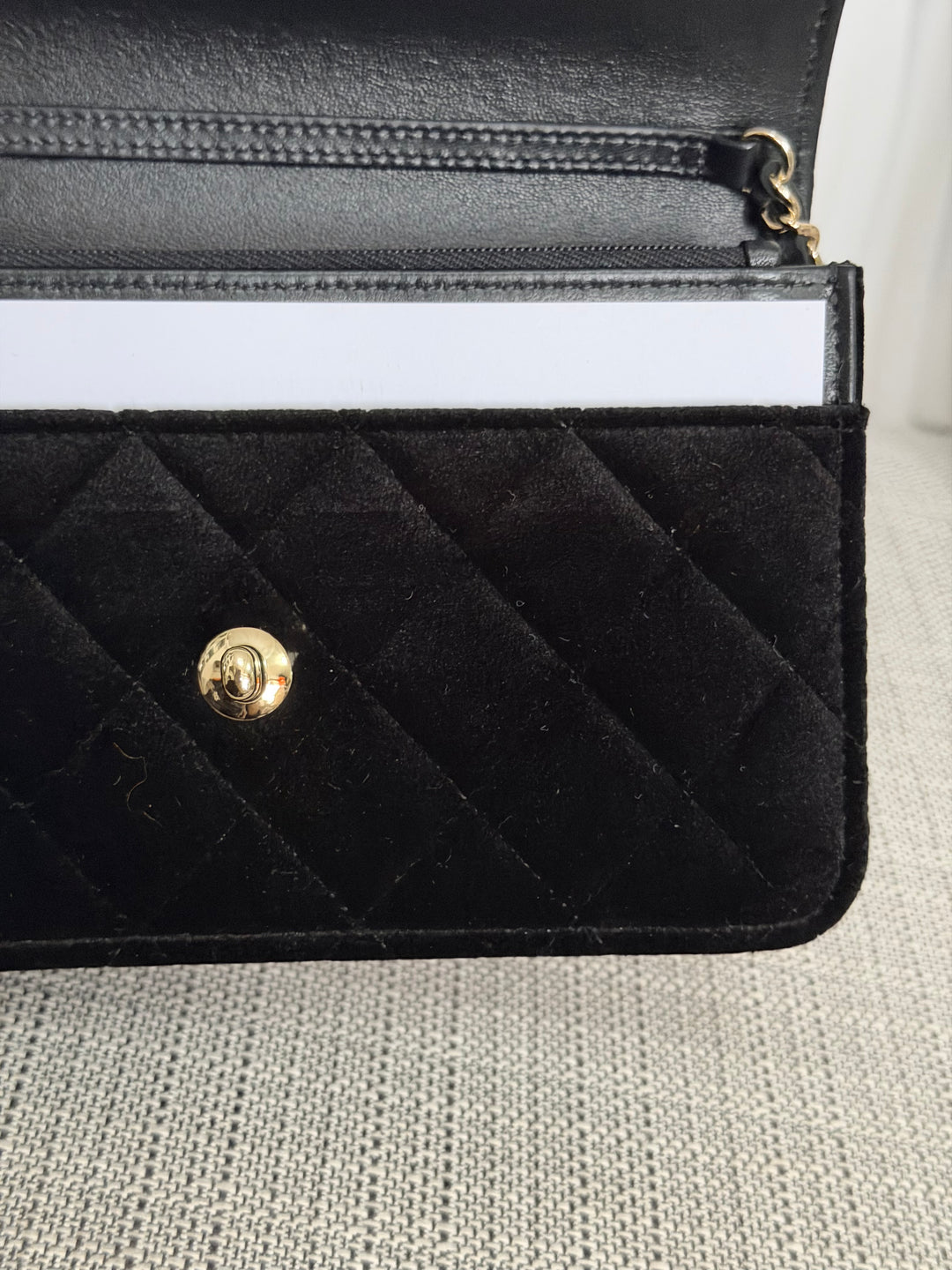 CHANEL 2025 Black Velvet Crystal Pearl Crush Adjustable Strap Wallet on Chain (WOC)
