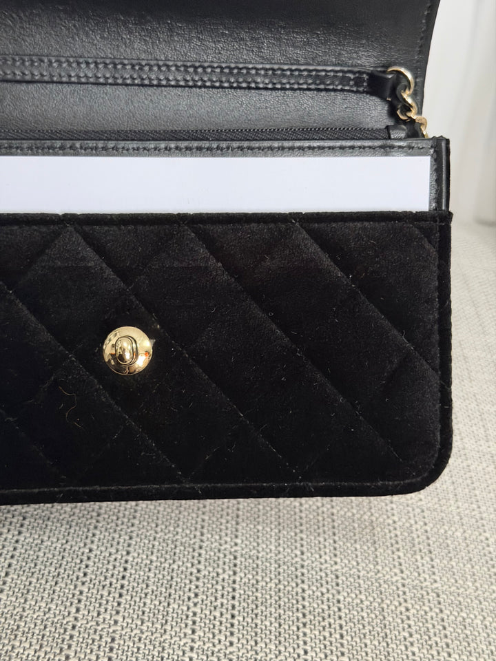 CHANEL 2025 Black Velvet Crystal Pearl Crush Adjustable Strap Wallet on Chain (WOC)