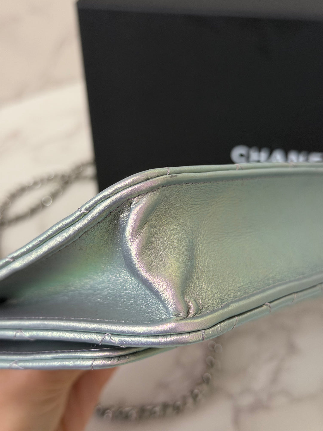 CHANEL 21K Silver Lambskin SHW Classic Wallet On Chain (WOC)