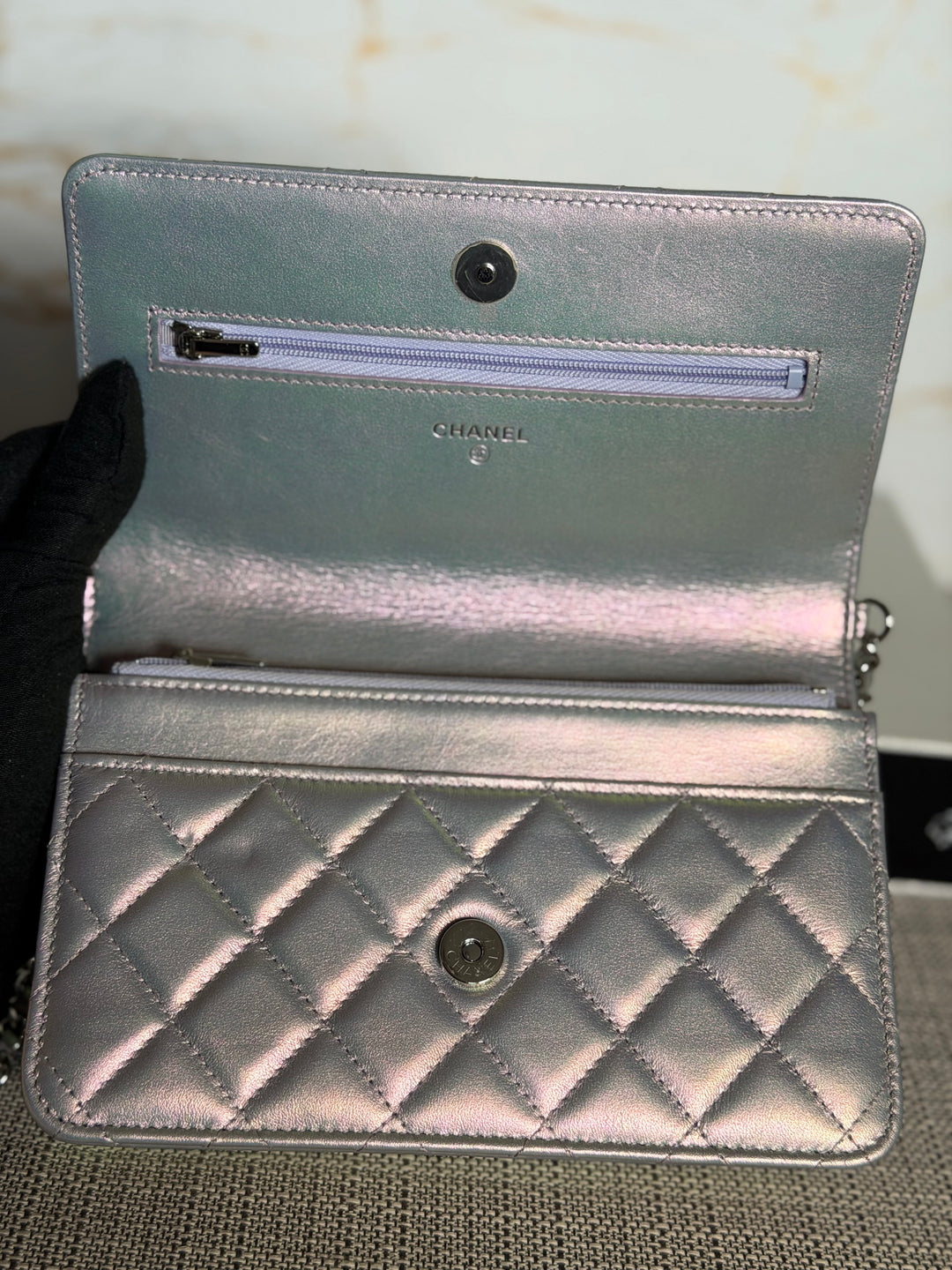 CHANEL Silver Lambskin SHW Classic Wallet on Chain (WOC) 2022