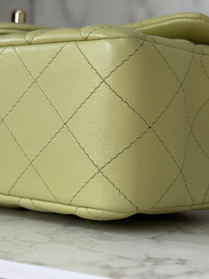 CHANEL 23C Collection 2022/2023 Cruise Pistachio Green Lambskin Mini Rectangular Flap Bag with Champagne GHW