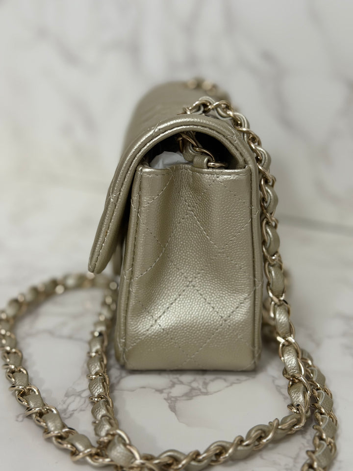 CHANEL series 23 Champagne Gold Caviar LGHW Mini Rectangular Flap Bag