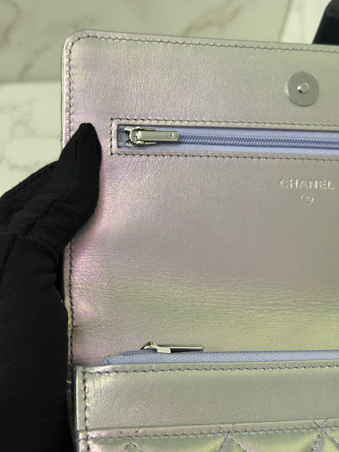 CHANEL 21K Silver Lambskin SHW Classic Wallet On Chain (WOC)