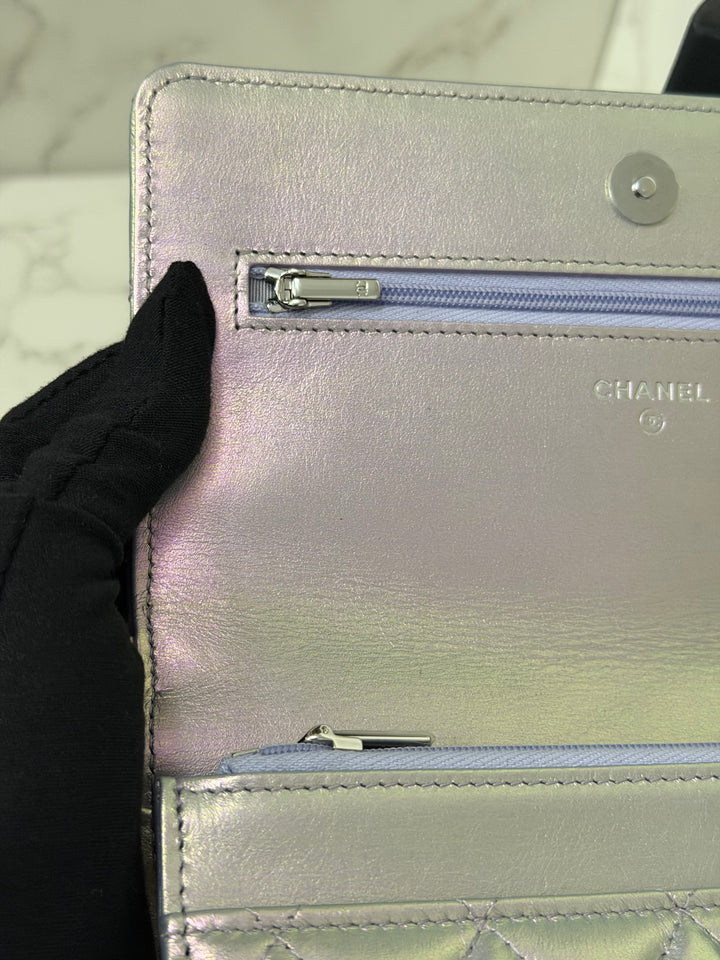 CHANEL 21K Silver Lambskin SHW Classic Wallet On Chain (WOC)