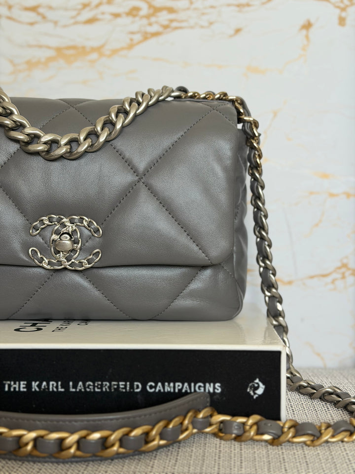 CHANEL Dark Grey Lambskin 19 Size SMALL/MEDIUM Mixed HW Flap Bag 2022 Microchipped