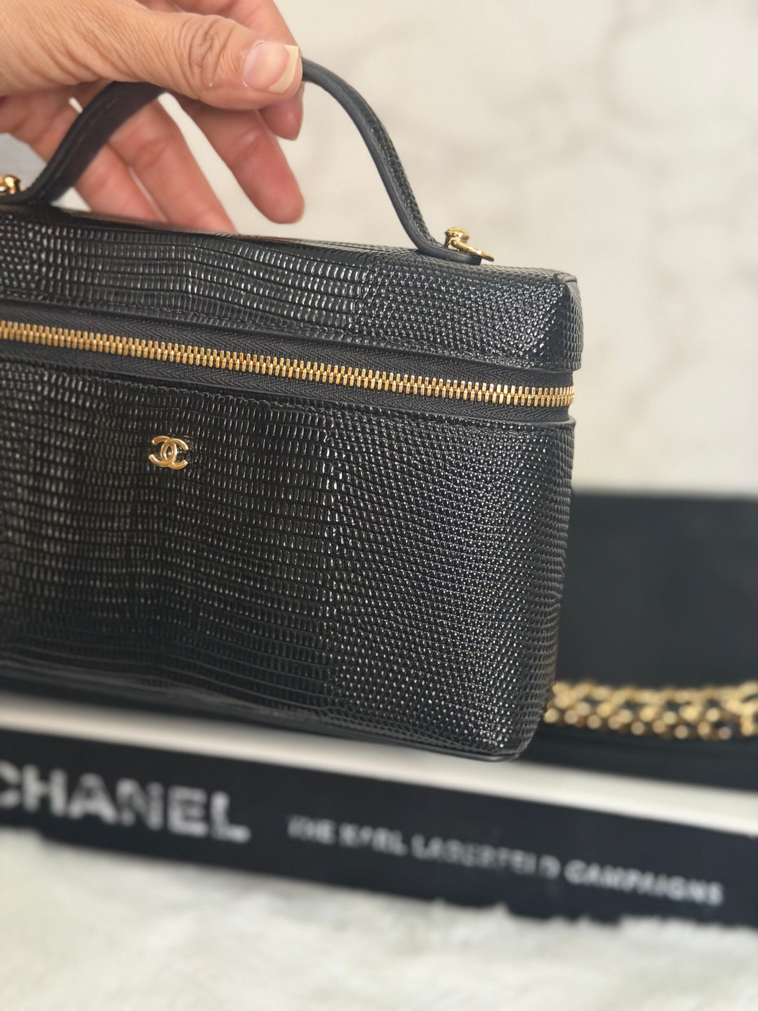 CHANEL Black Lizard Embossed Calf Skin GHW LP Long Vanity with top handle 26A 2026