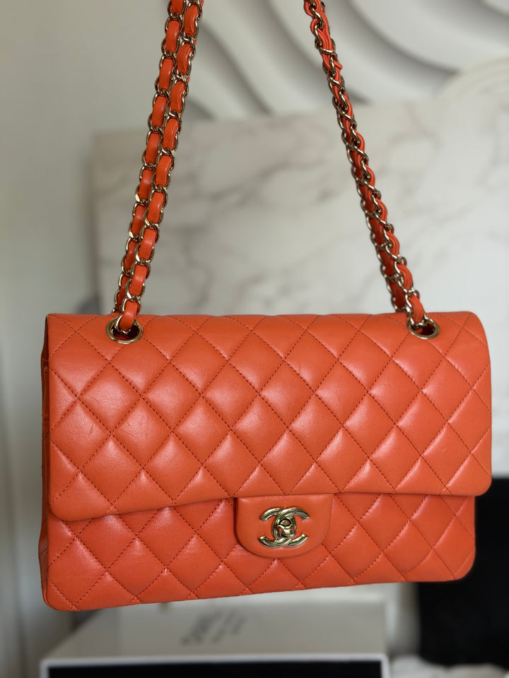 CHANEL 20S Orange Lambskin LGHW Medium ML Timeless Classic Double Flap Bag