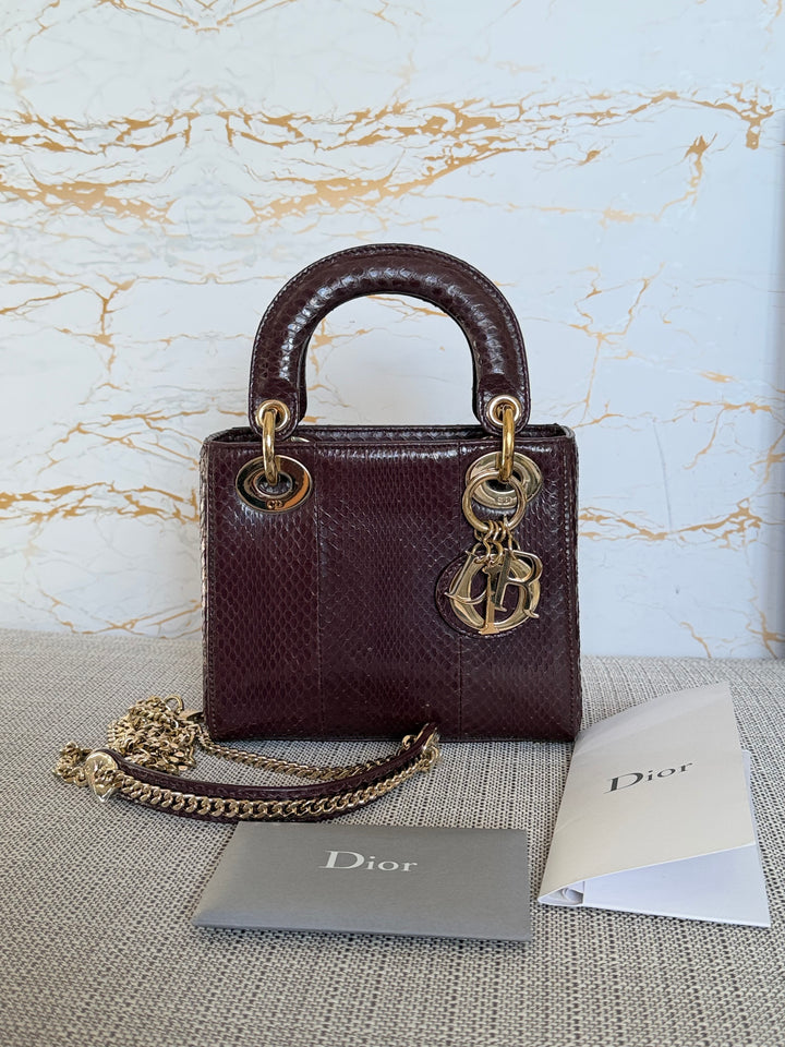 Dior Lady Dior MINI Burgundy Dark Red Python Leather 2018 LGHW
