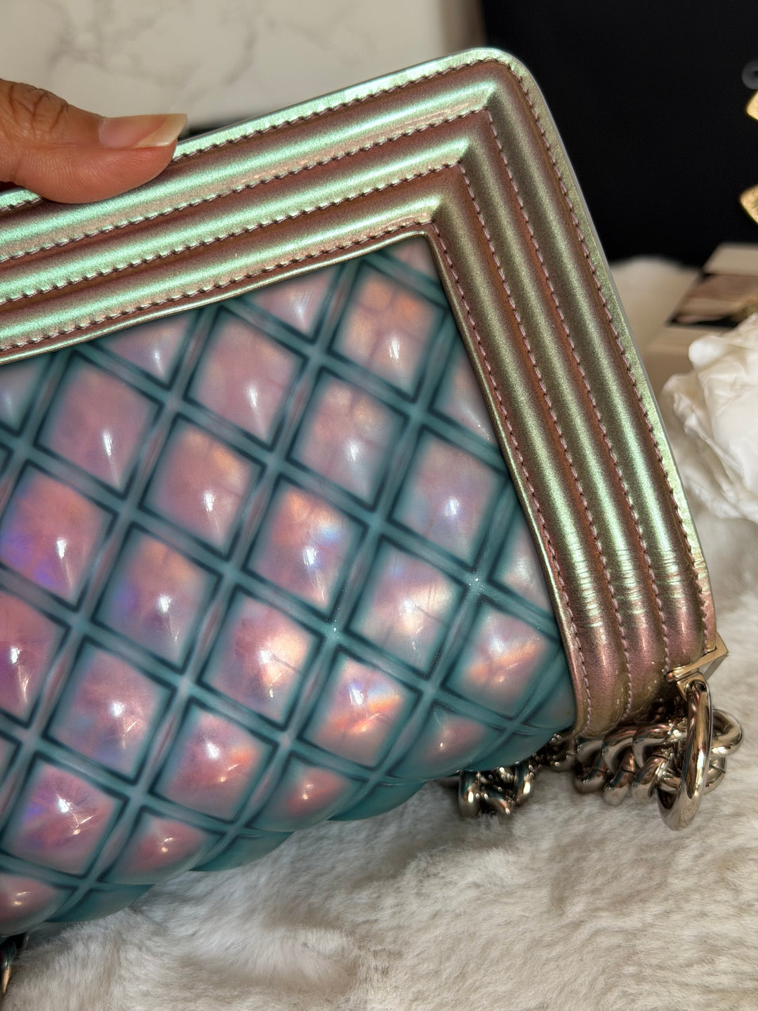 CHANEL 18S Iridescent Patent Calf Skin Purple Blue Mermaid Le Boy Flap Bag size Small