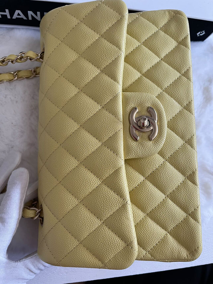 Chanel 20S 2020 Spring/Summer Collection Yellow Caviar LGHW Small Timeless Classic Double Flap Bag
