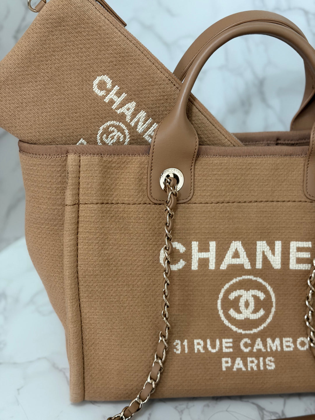 CHANEL 24P collection 2024 Beige Tweed Deauville Tote size Small with top handle LGHW and pouch