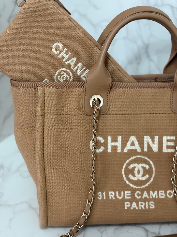 CHANEL 24P collection 2024 Beige Tweed Deauville Tote size Small with top handle LGHW and pouch