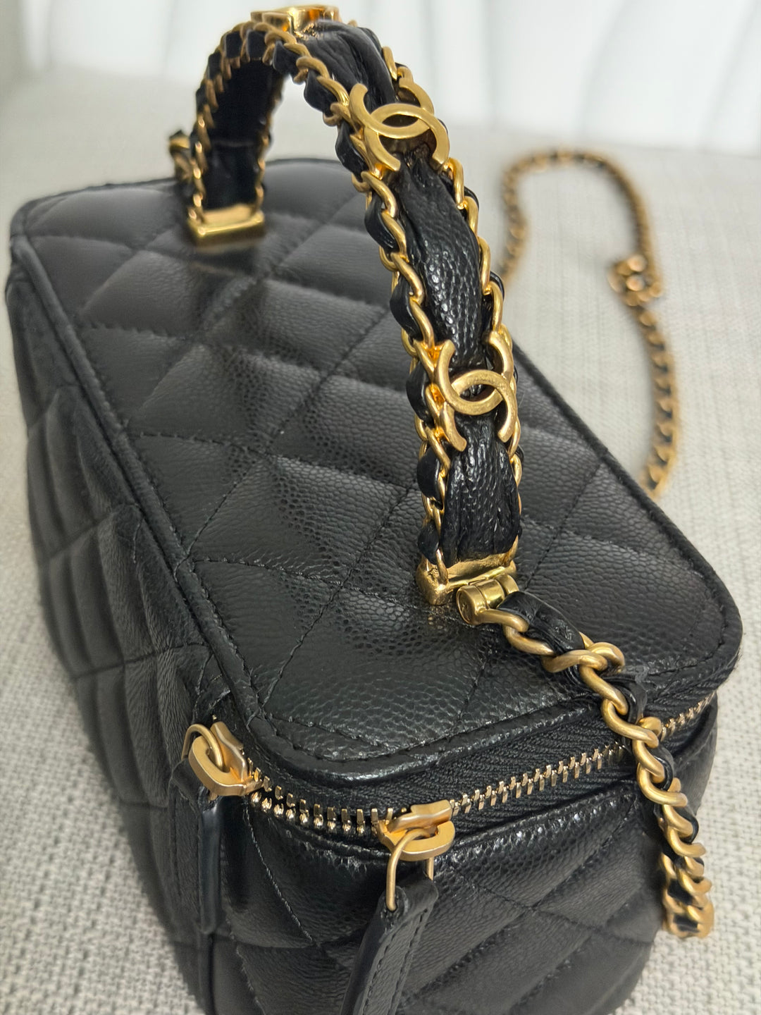 CHANEL Black Caviar Metal Top Handle Small Vanity with Chain 2025 Aged GHW