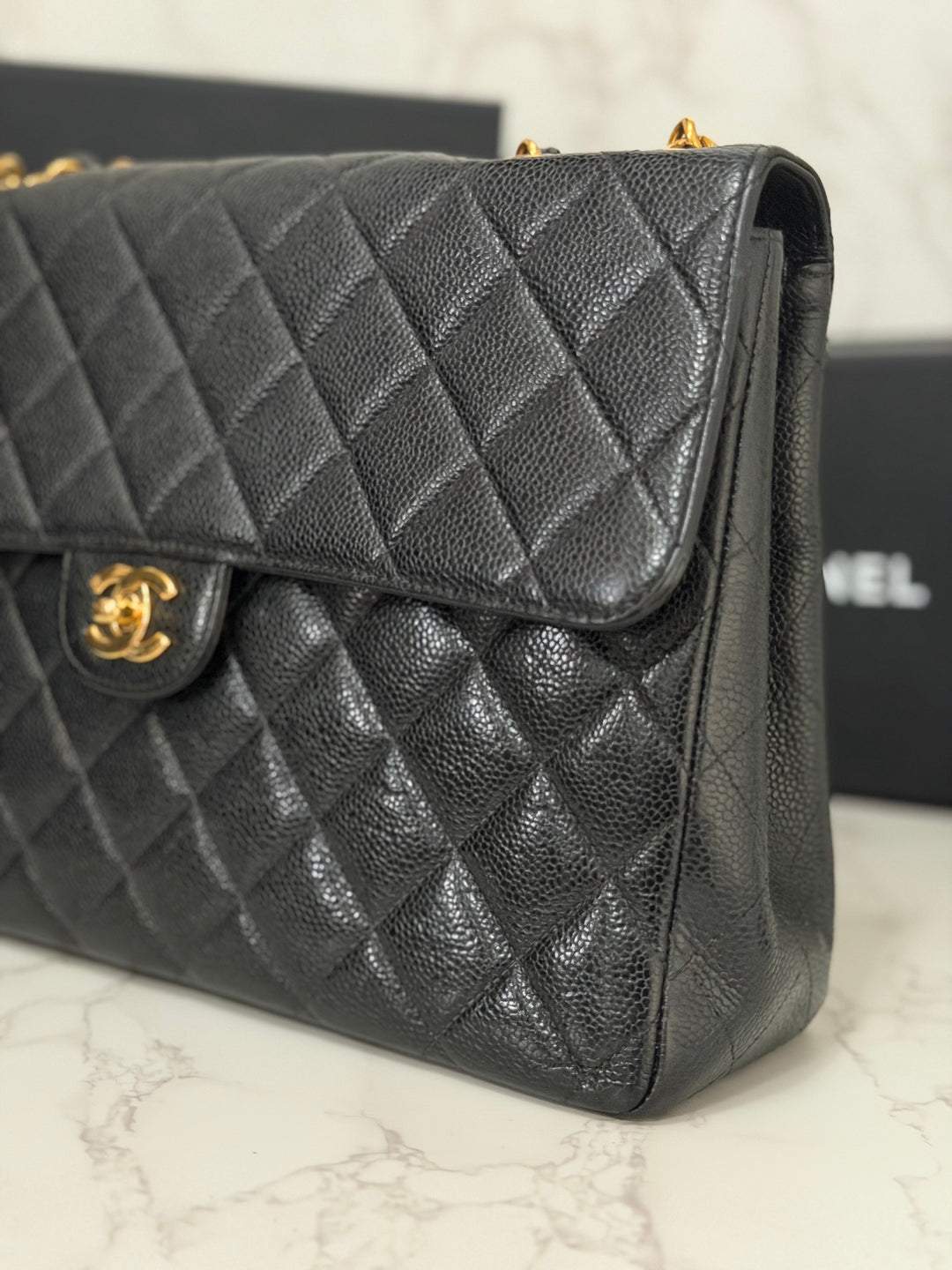 Chanel Series 7 24K GHW Black Caviar Vintage Jumbo Single Flap Bag 2008/2009