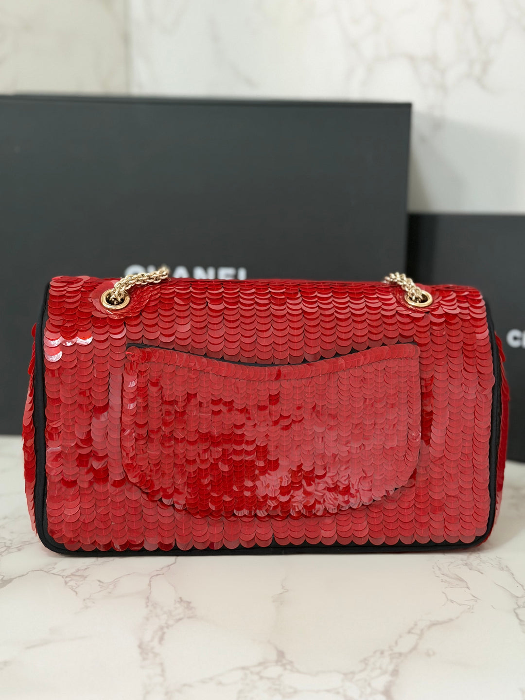 CHANEL series 13 2010 Red Sequin and Black Satin Paris-Shanghai Medium Flap Bag Gold Hardware