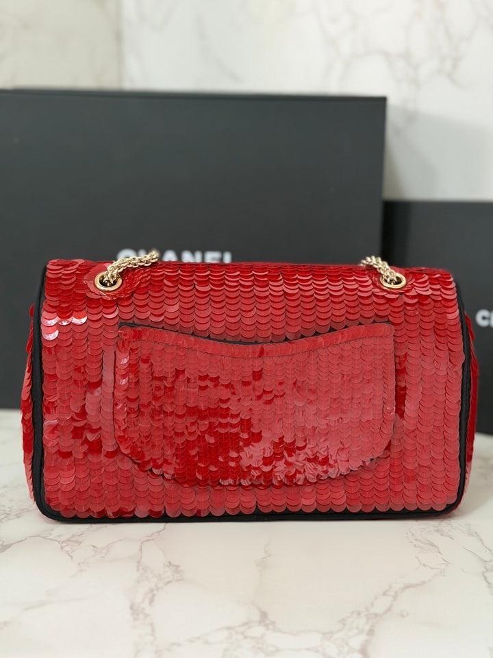 CHANEL series 13 2010 Red Sequin and Black Satin Paris-Shanghai Medium Flap Bag Gold Hardware