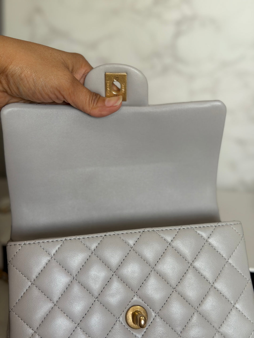 CHANEL 21A Grey Lambskin Aged GHW Top Handle Mini Rectangular Flap Bag 2021