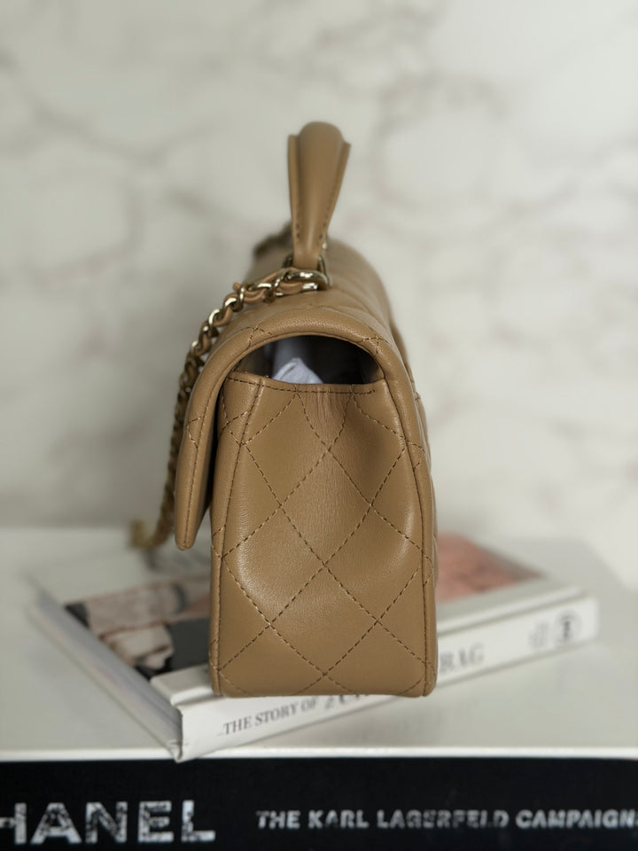 CHANEL Dark Beige Lambskin LGHW Mini Rectangular Flap Bag with Top Handle 2023