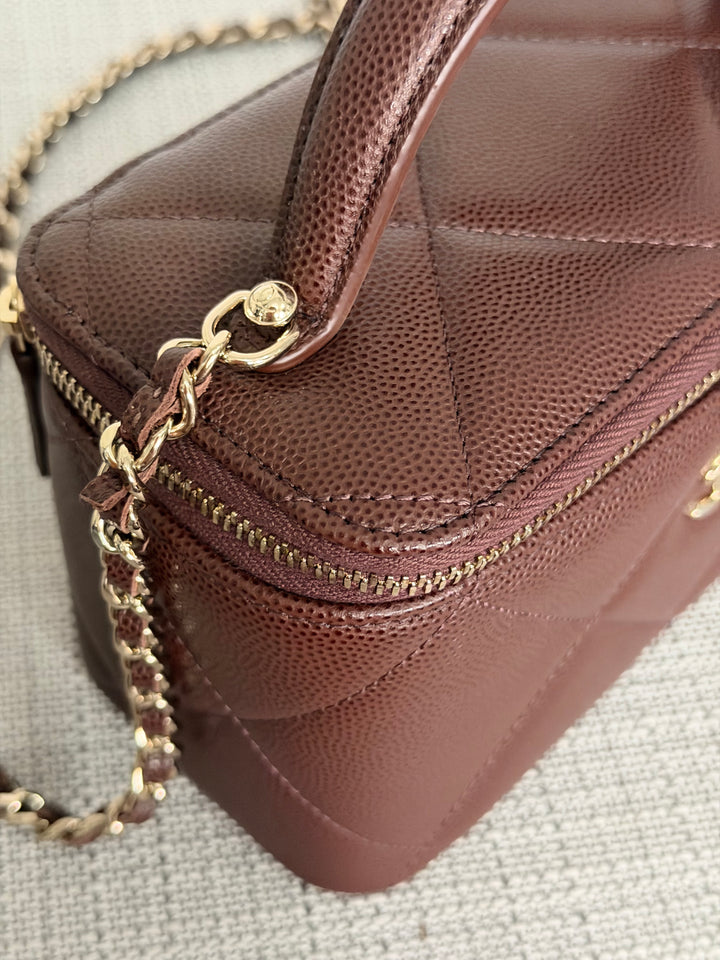 CHANEL 25K 2025 collection Brown Caviar LGHW Leather Top Handle Small Vanity with Chain