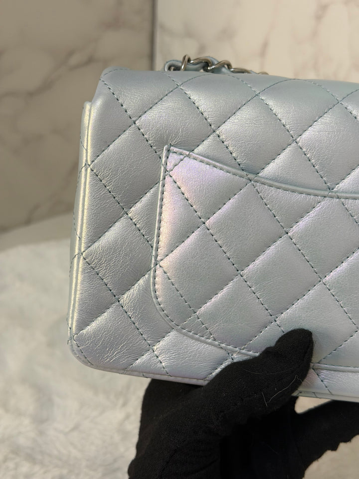 CHANEL 21K 2021 Iridescent light Blue Calf skin SHW Mini rectangular flap bag microchip