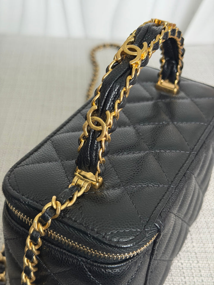 CHANEL Black Caviar Metal Top Handle Small Vanity with Chain 2025 Aged GHW