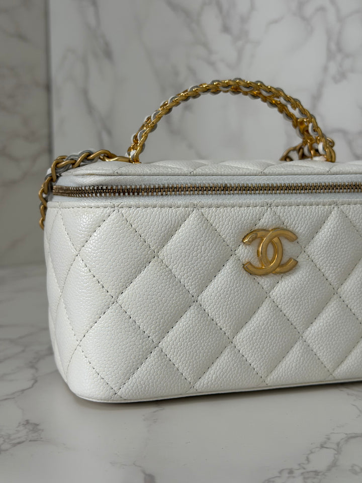 CHANEL 22S Collection 2022 Pick Me Up White Caviar Small Vanity Case with Metal Top Handle GHW
