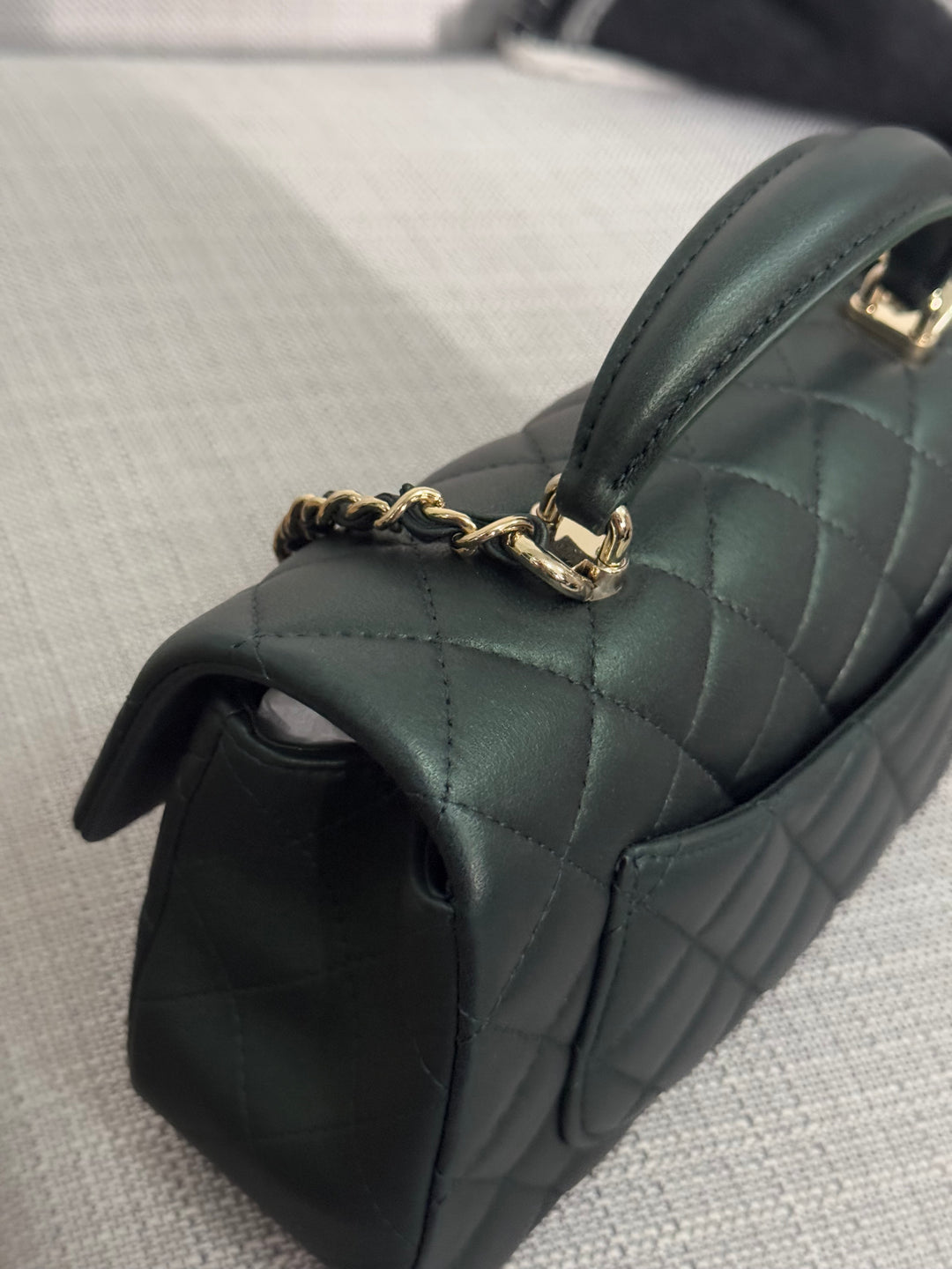 Chanel Iridescent Dark Green Lambskin Mini Rectangular Flap Bag with Top Handle and Champagne GHW