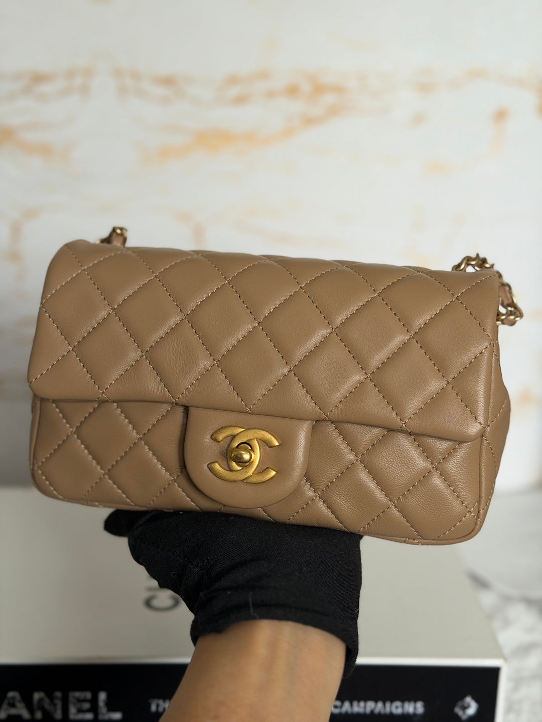 CHANEL 22B Taupe Dark Beige Lambskin Aged GHW Pearl Crush Adjustable Chain Mini Rectangular Flap Bag 2022