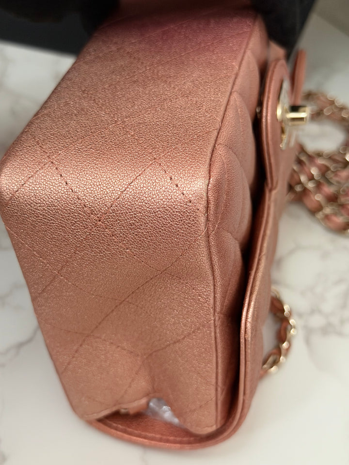CHANEL 21S Ombré Rose Gold Metallic Copper Lambskin LGHW Mini Rectangular Flap Bag 2021
