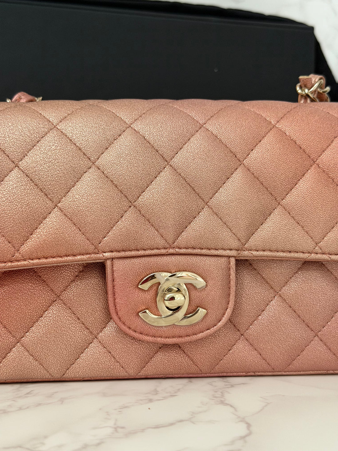 CHANEL 21S Ombré Rose Gold Metallic Copper Lambskin LGHW Mini Rectangular Flap Bag 2021
