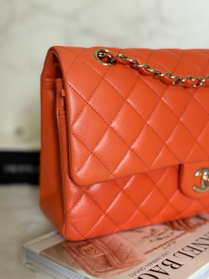 CHANEL 20S Orange Lambskin LGHW Medium ML Timeless Classic Double Flap Bag